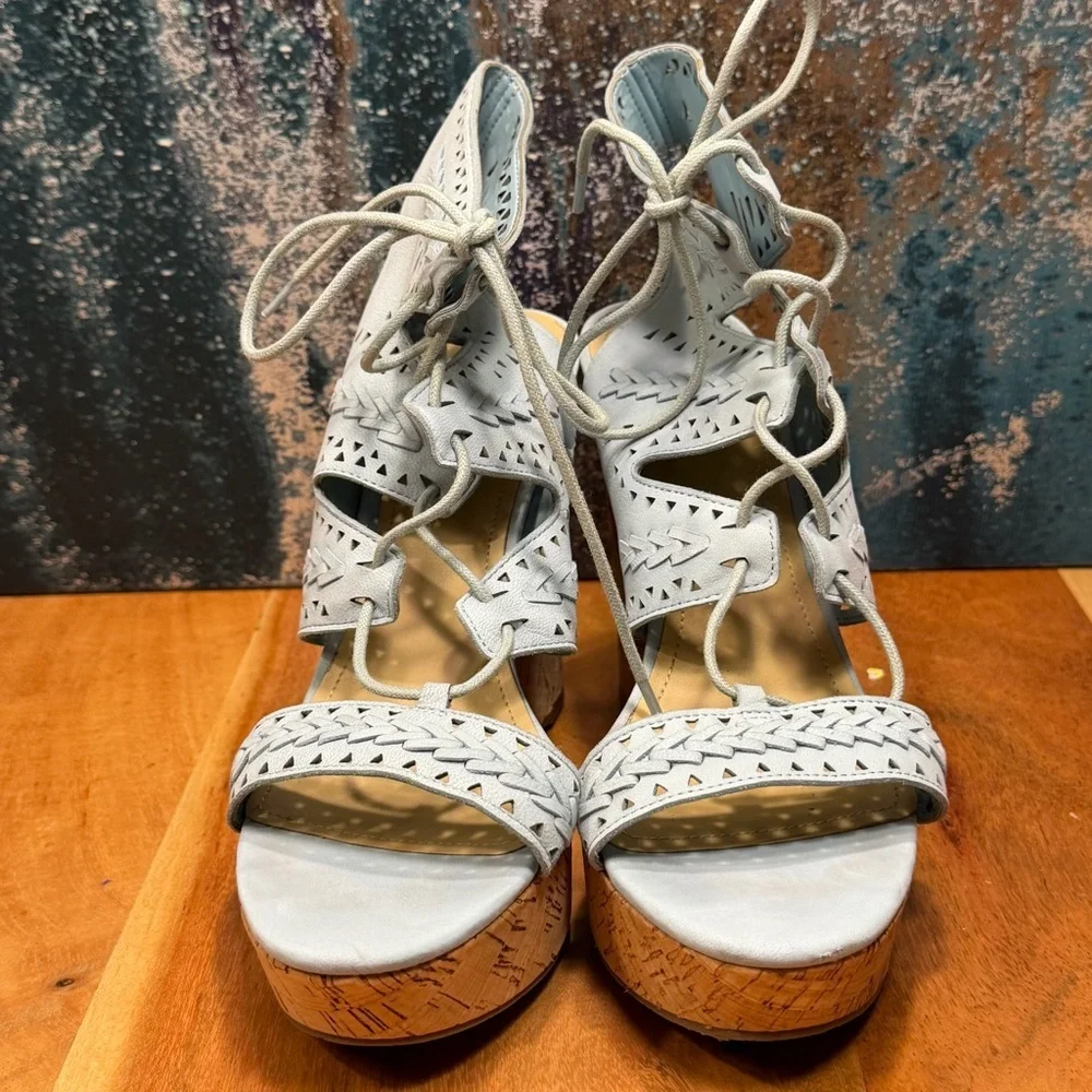 Marc Fisher Boho Chic Leather Lace-Up Cork Wedge Sandals – Light Blue (EUC)